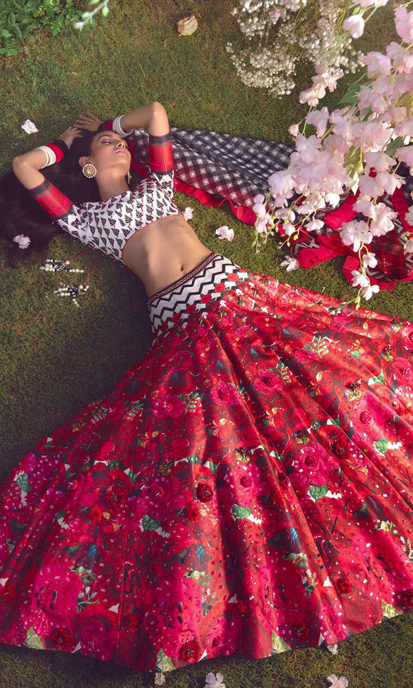 Pakistani Scarlet Printed Satin-Silk Lehenga (3-Piece) - Image 13