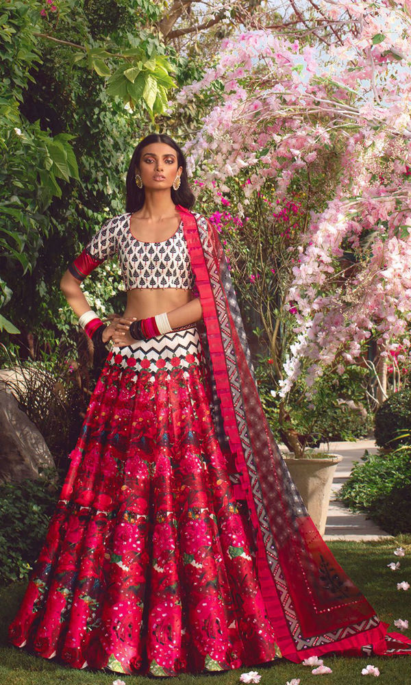 Pakistani Scarlet Printed Satin-Silk Lehenga (3-Piece) - Image 2