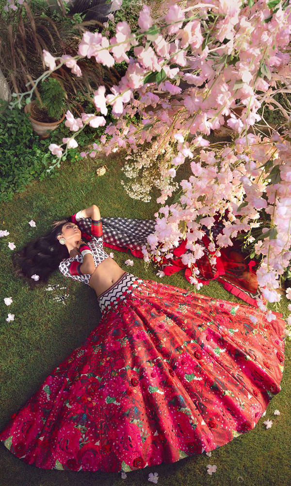 Pakistani Scarlet Printed Satin-Silk Lehenga (3-Piece) - Image 4