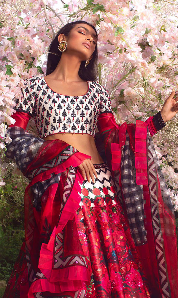 Pakistani Scarlet Printed Satin-Silk Lehenga (3-Piece) - Image 6