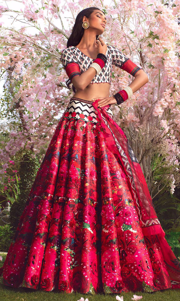 Pakistani Scarlet Printed Satin-Silk Lehenga (3-Piece) - Image 7