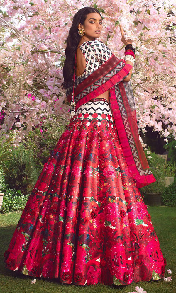 Pakistani Scarlet Printed Satin-Silk Lehenga (3-Piece) - Image 8