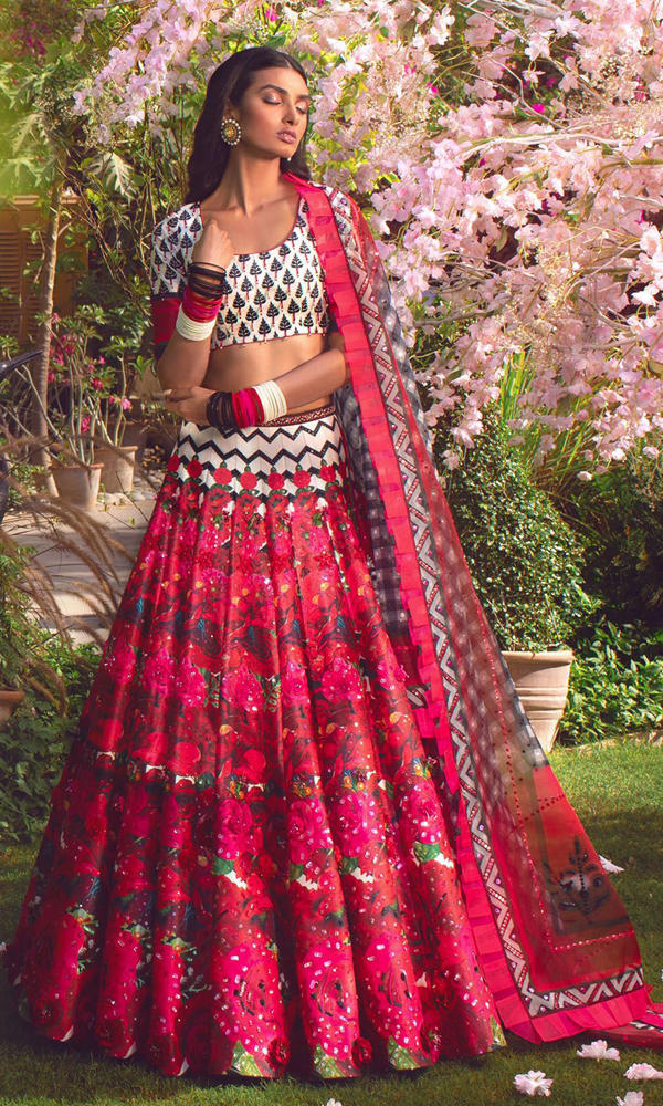 Pakistani Scarlet Printed Satin-Silk Lehenga (3-Piece) - Image 9