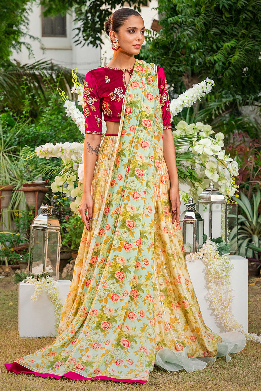 Deep Scarlet Gota Velvet Choli with Floral Khaddi Silk Lehenga (3-Piece) - Image 1