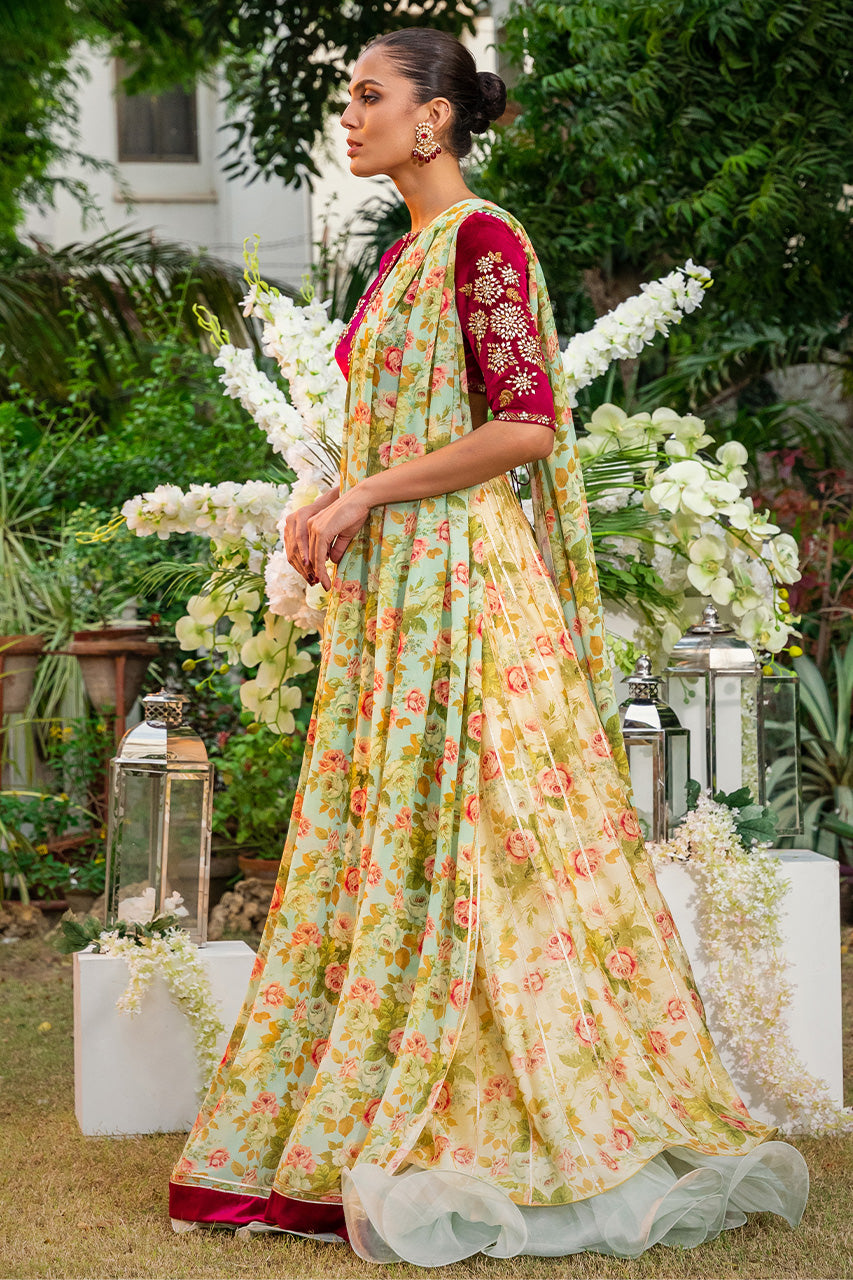 Deep Scarlet Gota Velvet Choli with Floral Khaddi Silk Lehenga (3-Piece) - Image 3