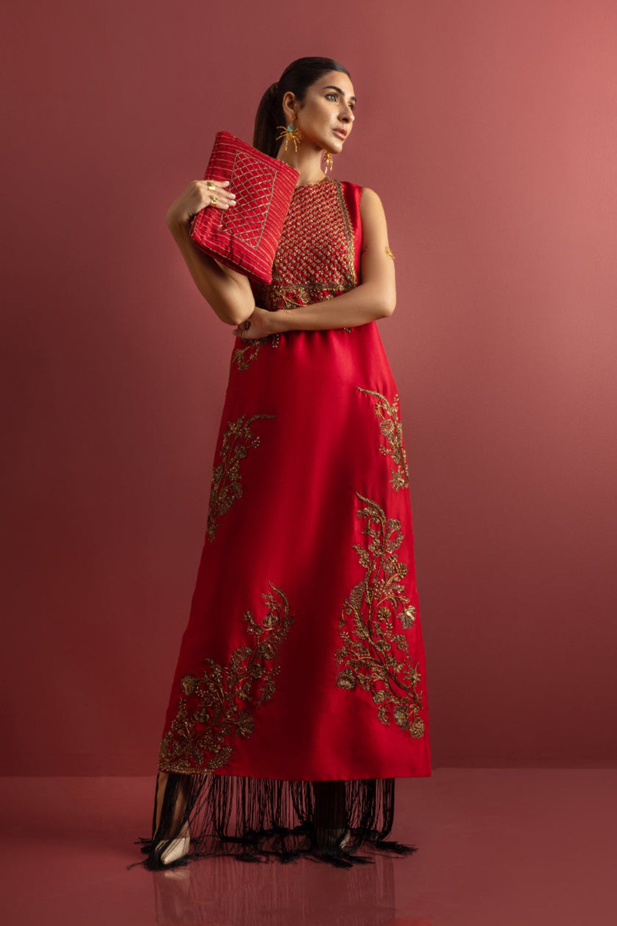 Red Embellished Raw Silk Maxi Dress (1-Pc) - Image 1