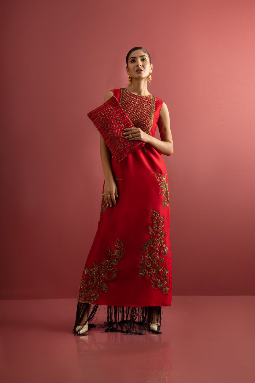 Red Embellished Raw Silk Maxi Dress (1-Pc) - Image 2