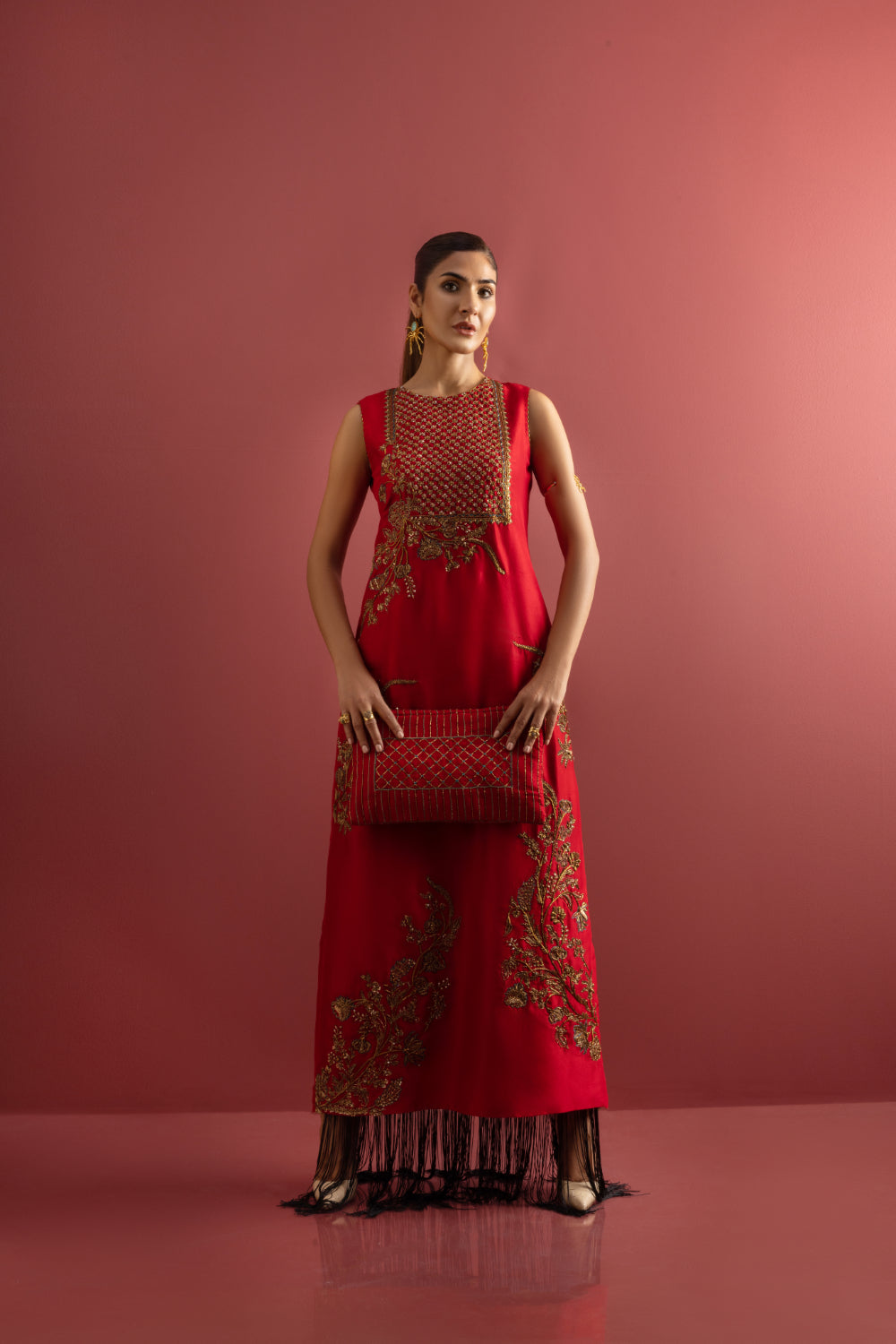 Red Embellished Raw Silk Maxi Dress (1-Pc) - Image 3