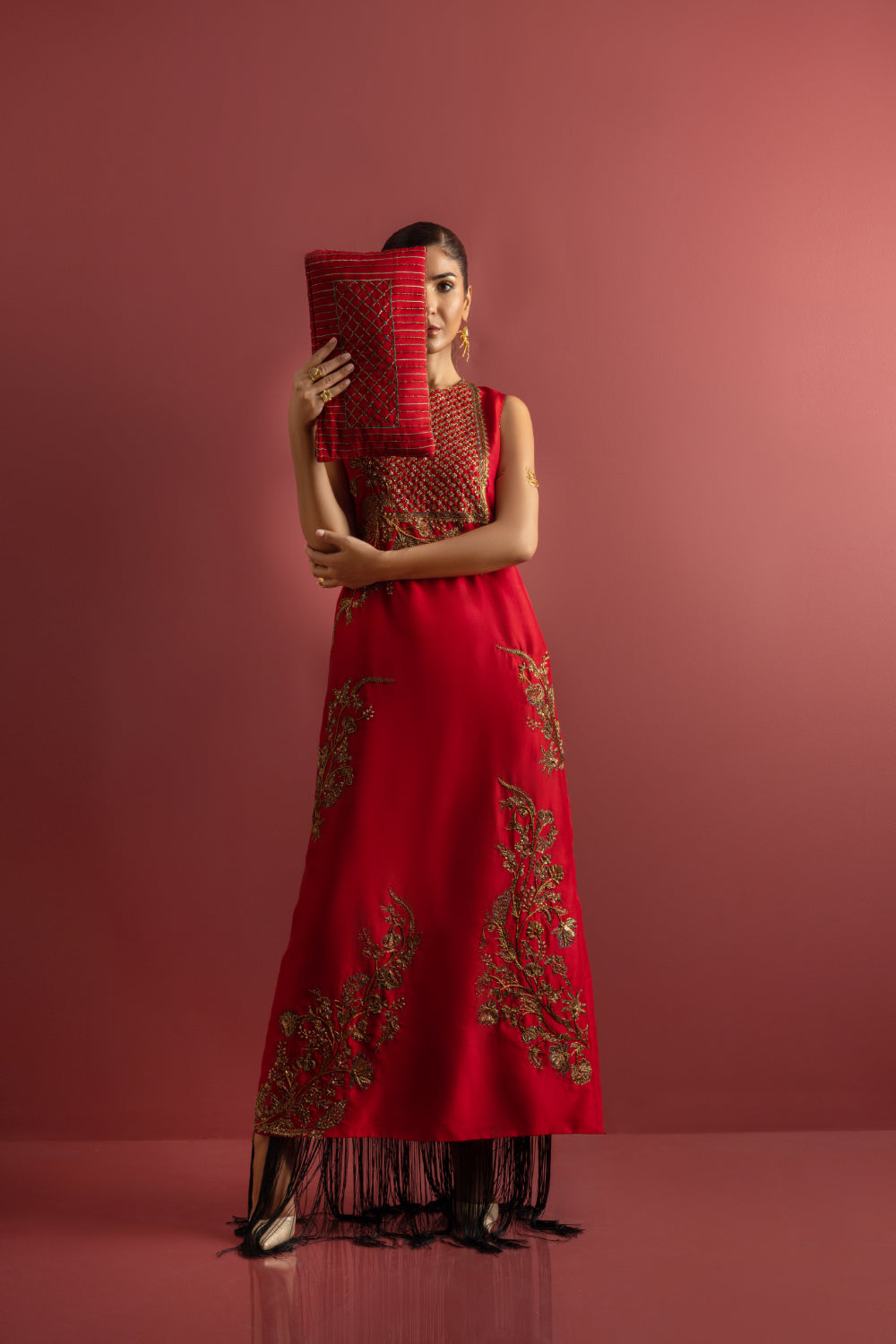 Red Embellished Raw Silk Maxi Dress (1-Pc) - Image 4