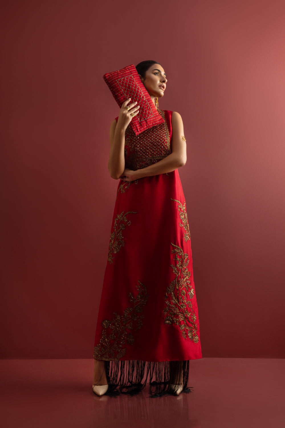 Red Embellished Raw Silk Maxi Dress (1-Pc) - Image 5