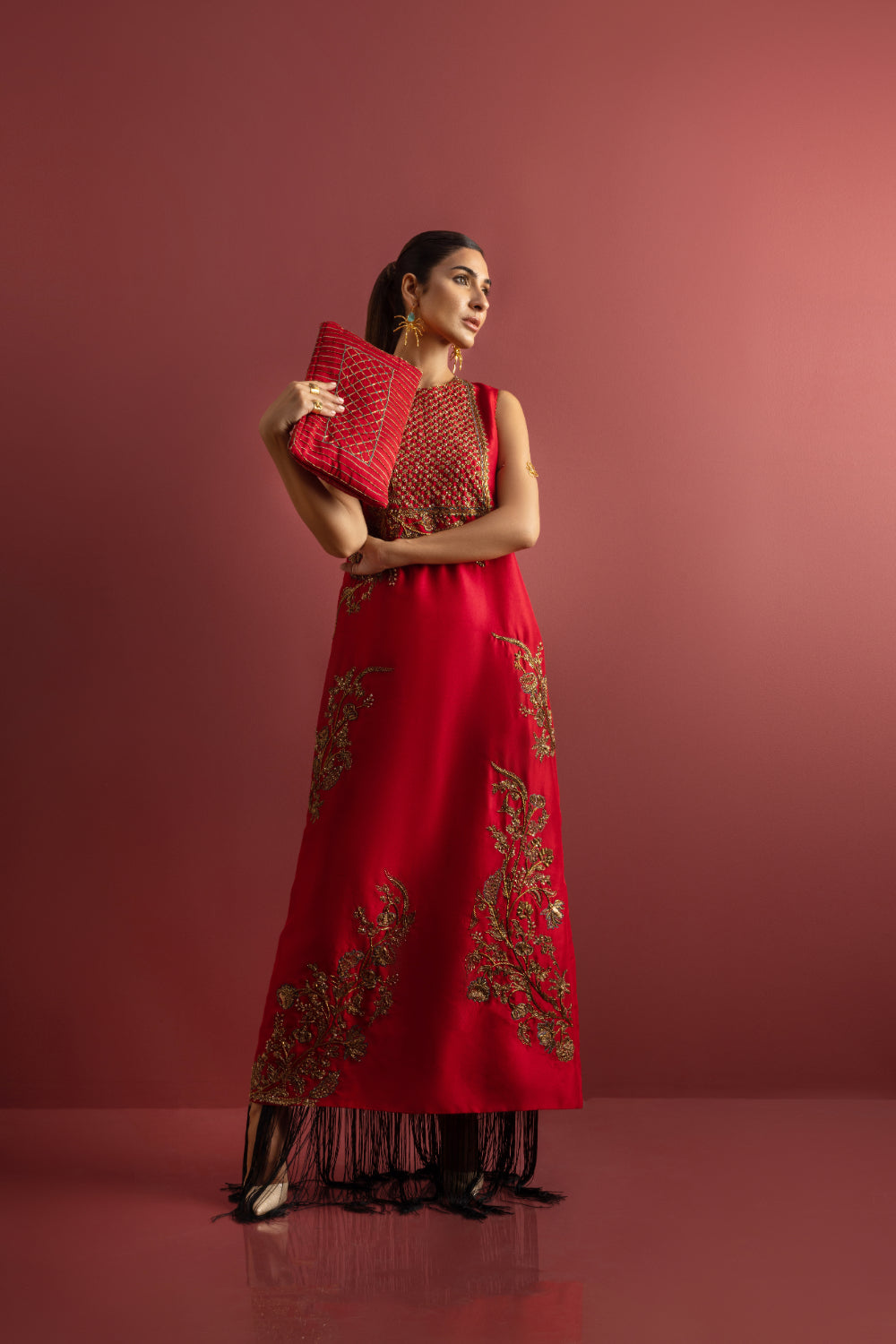 Red Embellished Raw Silk Maxi Dress (1-Pc) - Image 6