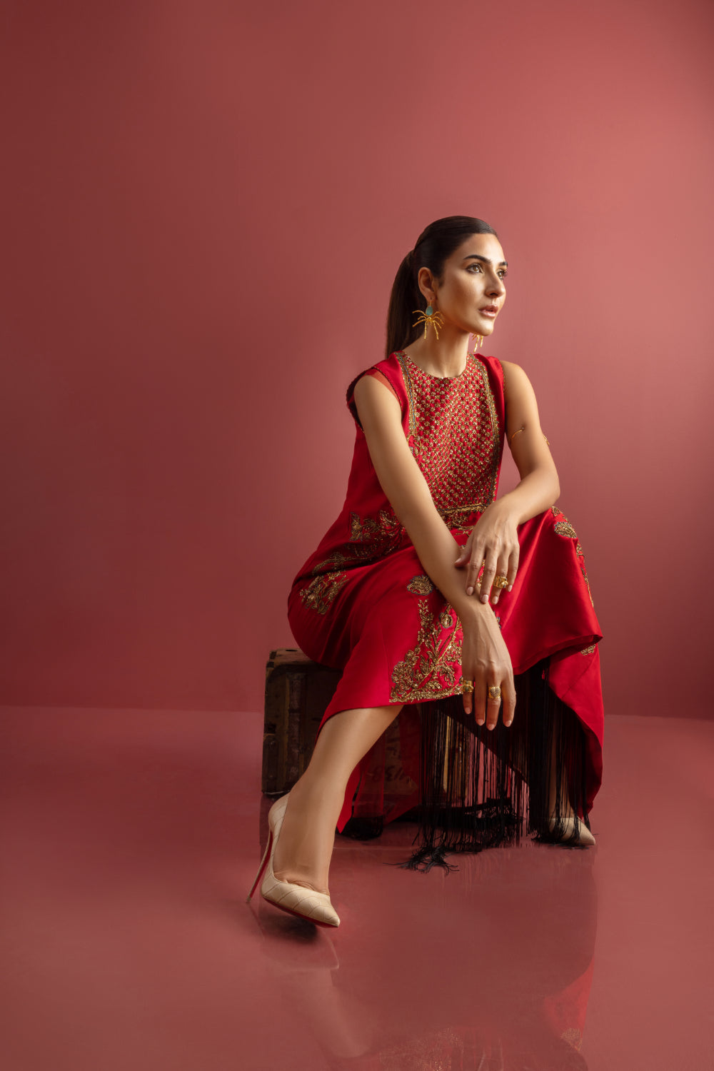 Red Embellished Raw Silk Maxi Dress (1-Pc) - Image 8