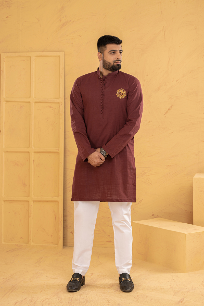 Dark Red Embroidered Cotton Kurta (2-Piece) - Image 1