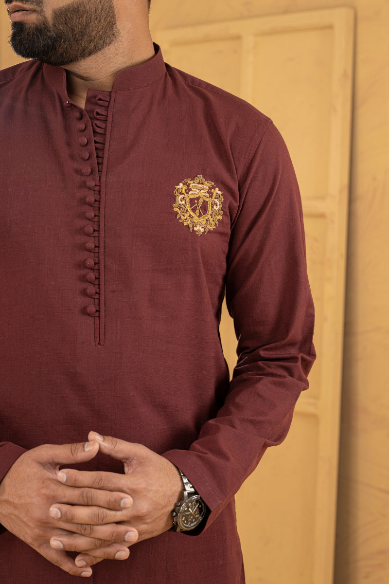 Dark Red Embroidered Cotton Kurta (2-Piece) - Image 2