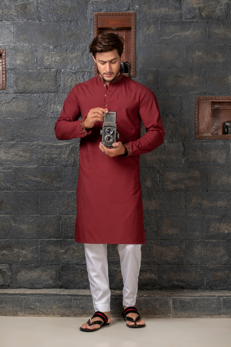Deep Red Embroidered Cotton Kurta Set (2-Piece) - Image 1