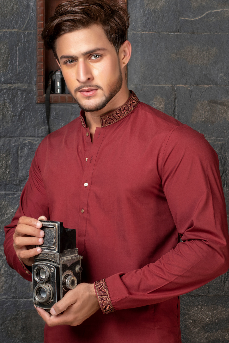 Deep Red Embroidered Cotton Kurta Set (2-Piece) - Image 2