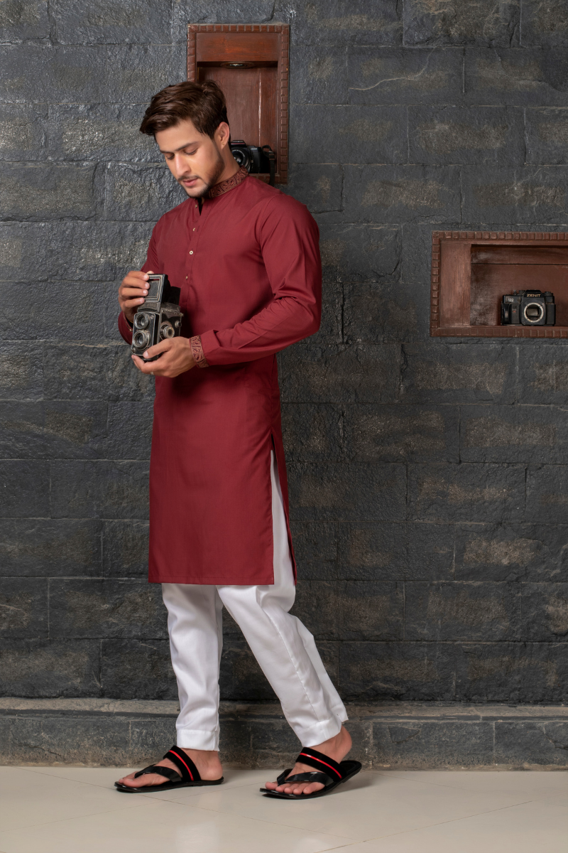 Deep Red Embroidered Cotton Kurta Set (2-Piece) - Image 3