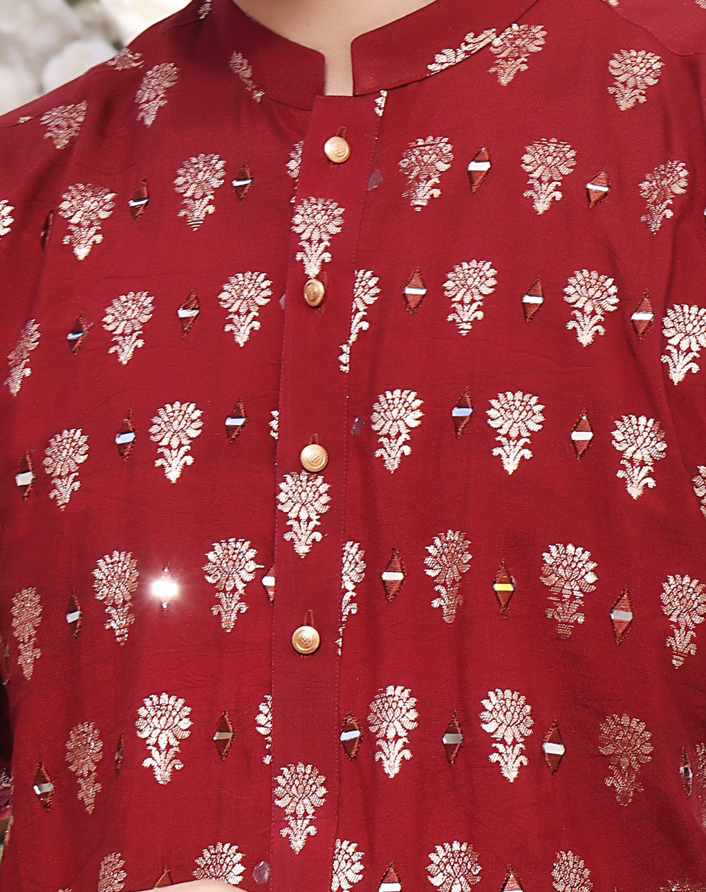 Red Mirror Work Cotton Silk Kurta Pajama (2-Piece) - Image 3