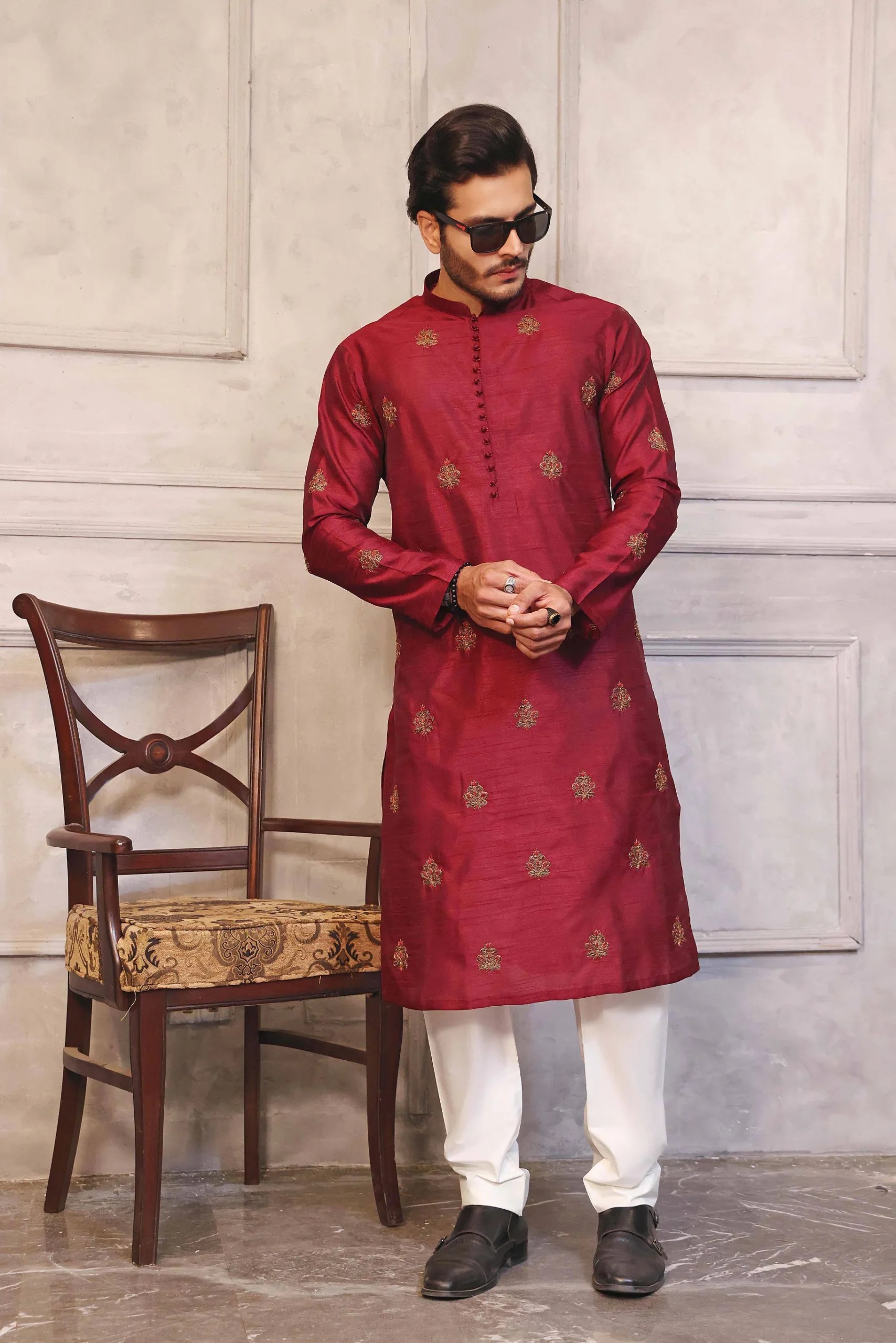 Carmine Red Embroidered Silk-Blend Kurta (2-Piece) - Image 1