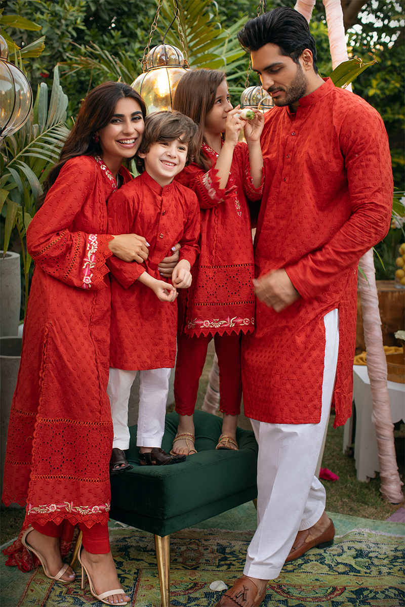 Scarlet Red Schiffli Embroidered Kurta Shalwar (2-Piece) - Image 1