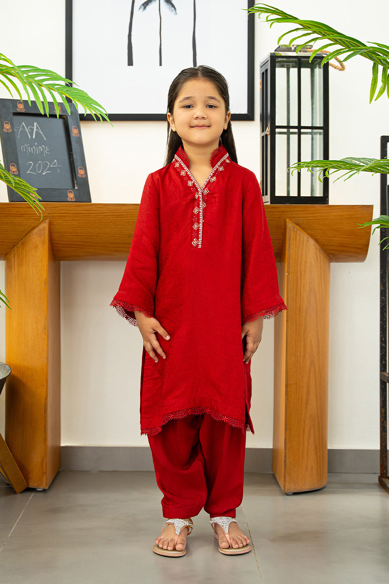 Deep Red Embroidered Silk Kids Kurta Shalwar (2-Piece) - Image 1