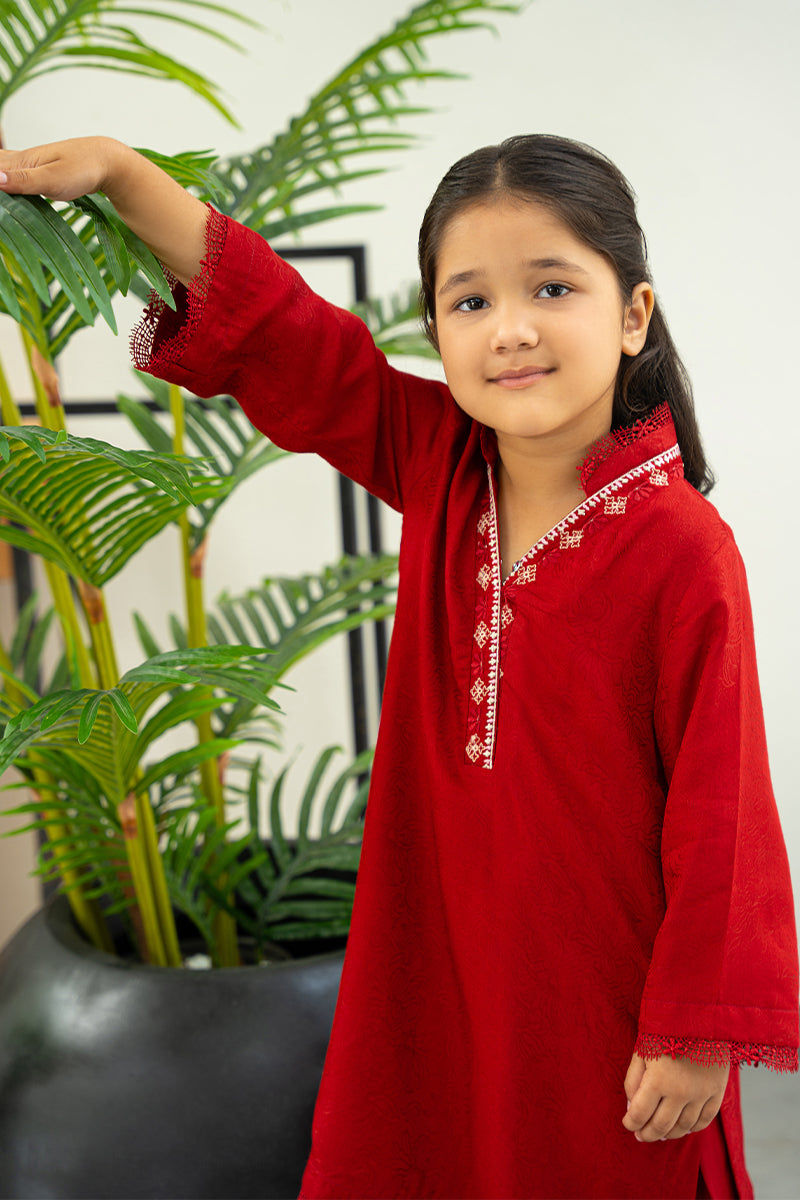 Deep Red Embroidered Silk Kids Kurta Shalwar (2-Piece) - Image 2