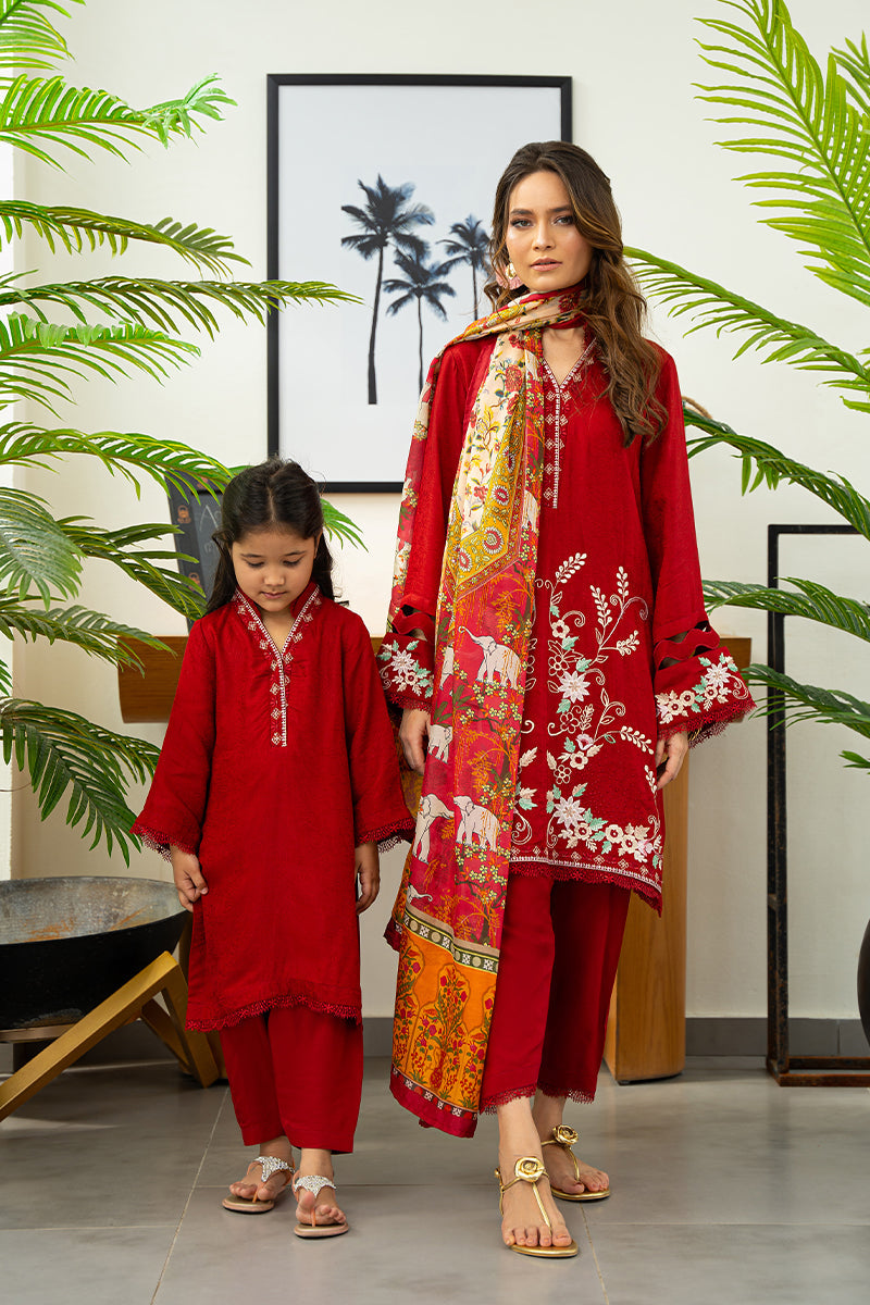 Deep Red Embroidered Silk Kids Kurta Shalwar (2-Piece) - Image 6