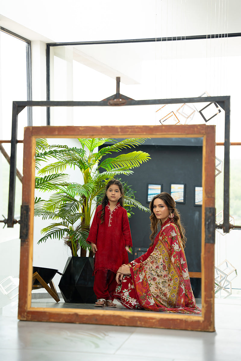 Deep Red Embroidered Silk Kids Kurta Shalwar (2-Piece) - Image 9