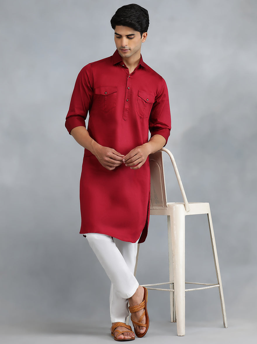 Blood Red Cotton Blend Pathani Suit (2-Piece) - Image 1