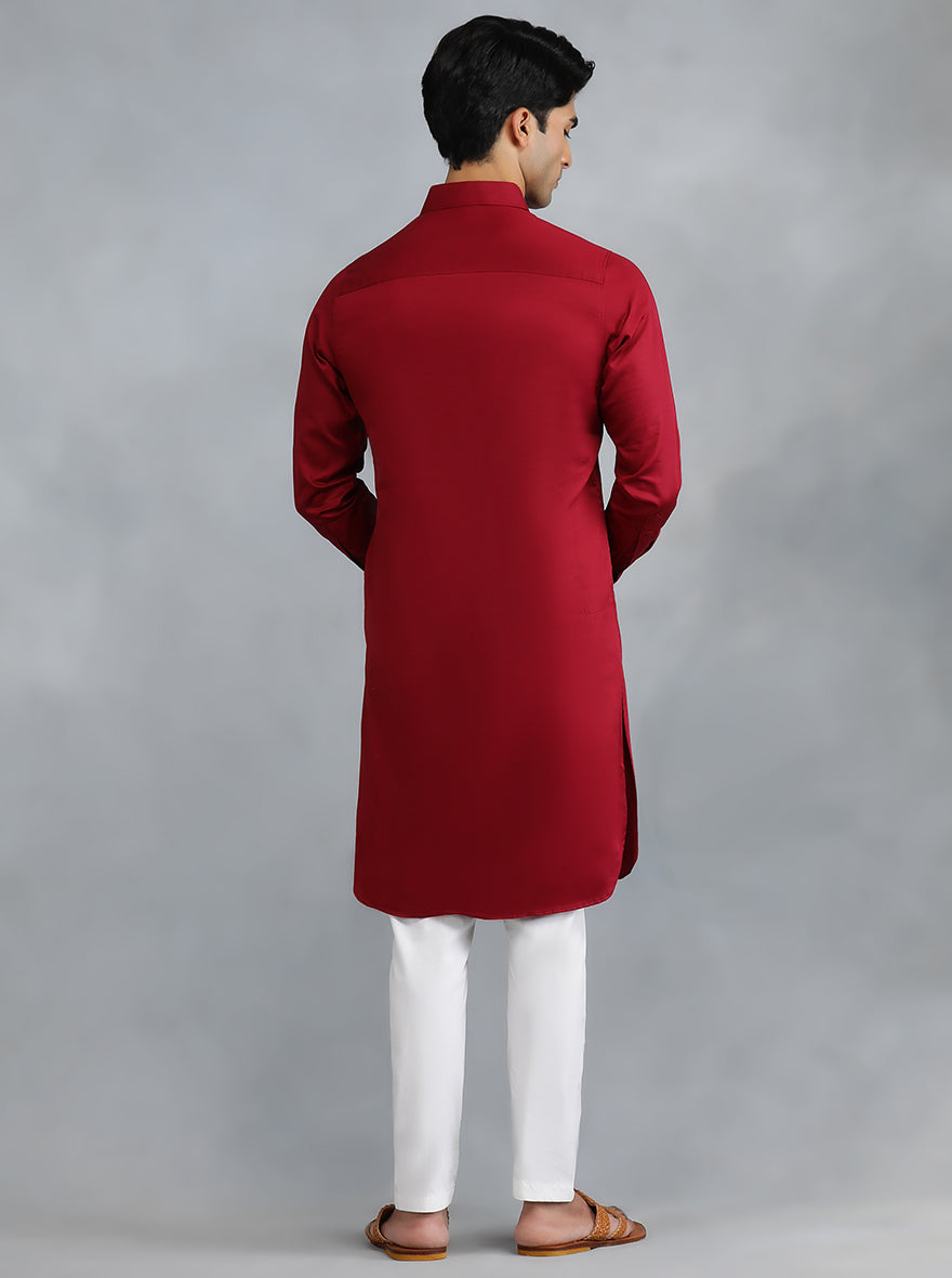 Blood Red Cotton Blend Pathani Suit (2-Piece) - Image 3