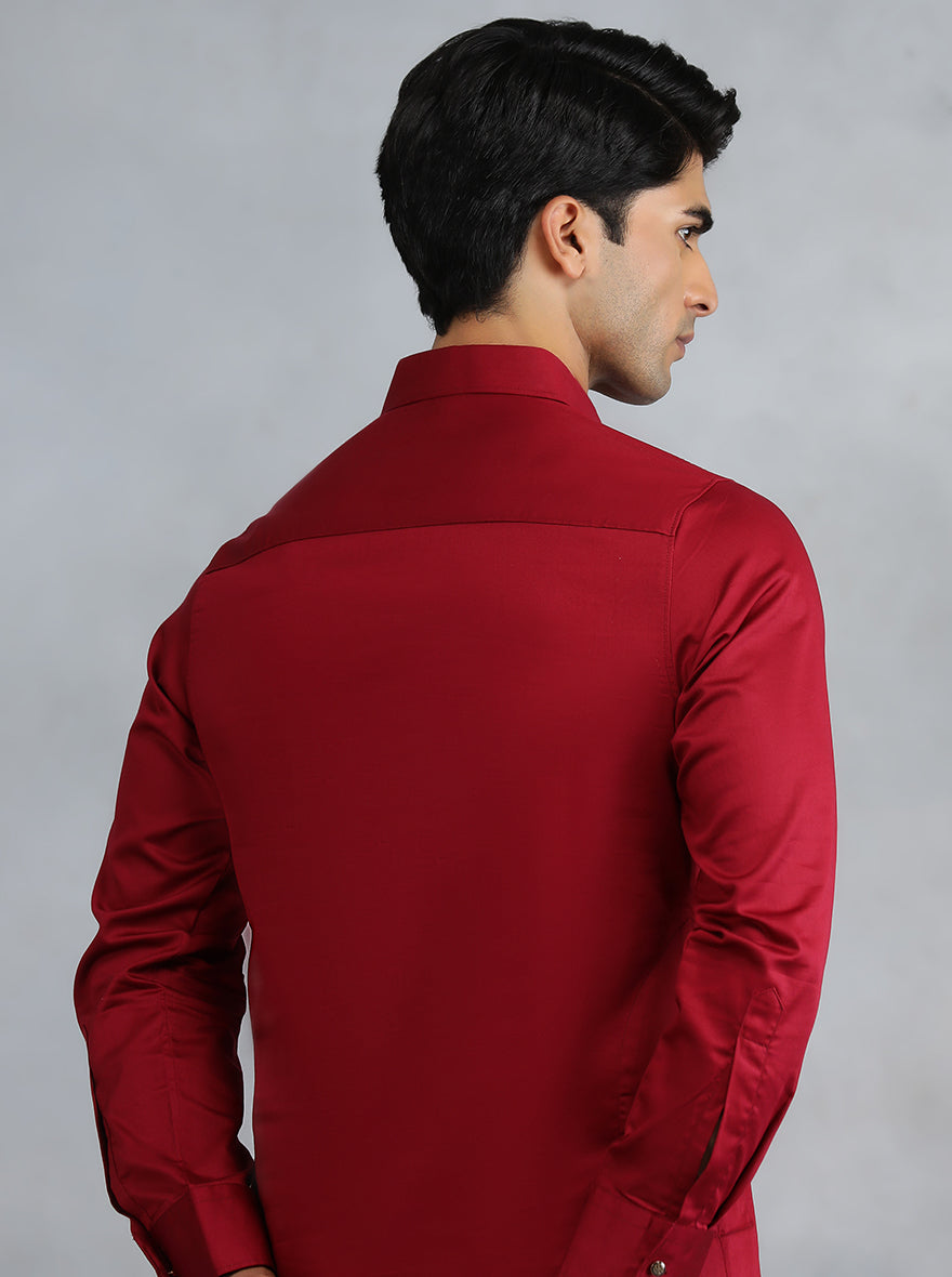 Blood Red Cotton Blend Pathani Suit (2-Piece) - Image 4