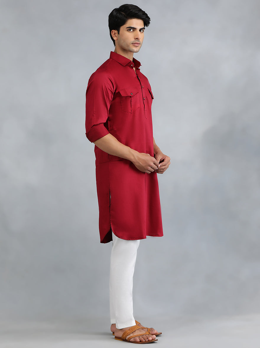 Blood Red Cotton Blend Pathani Suit (2-Piece) - Image 5