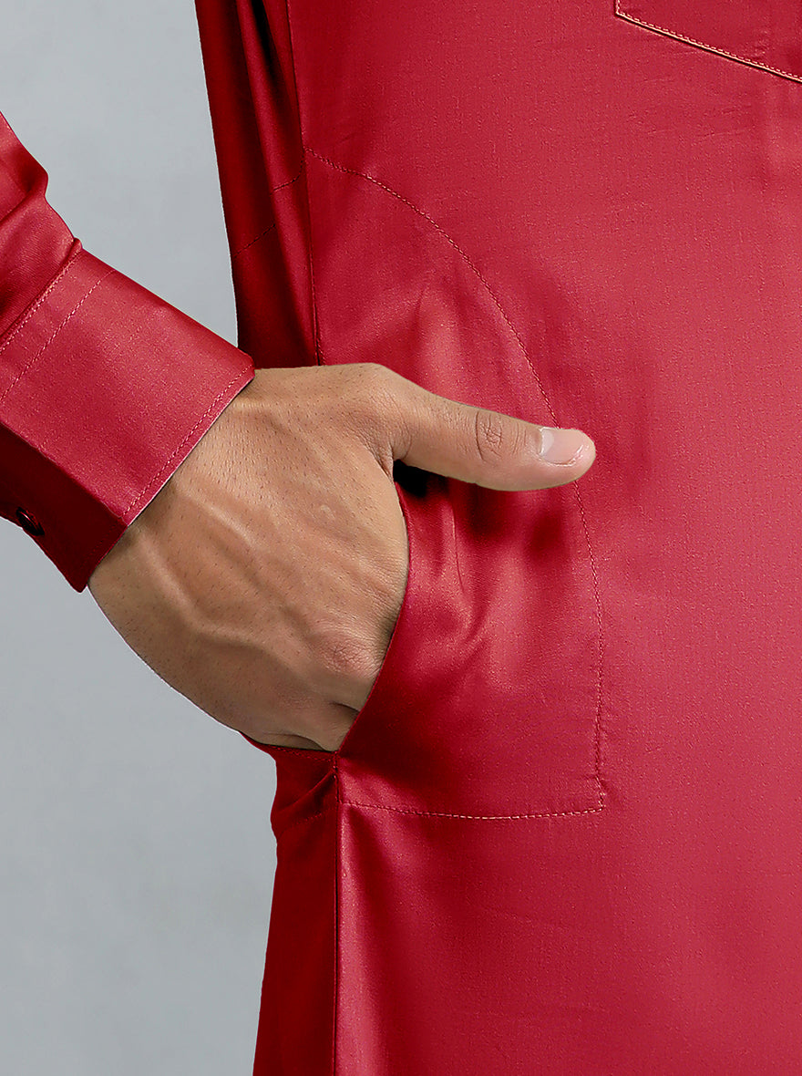 Blood Red Cotton Blend Pathani Suit (2-Piece) - Image 6