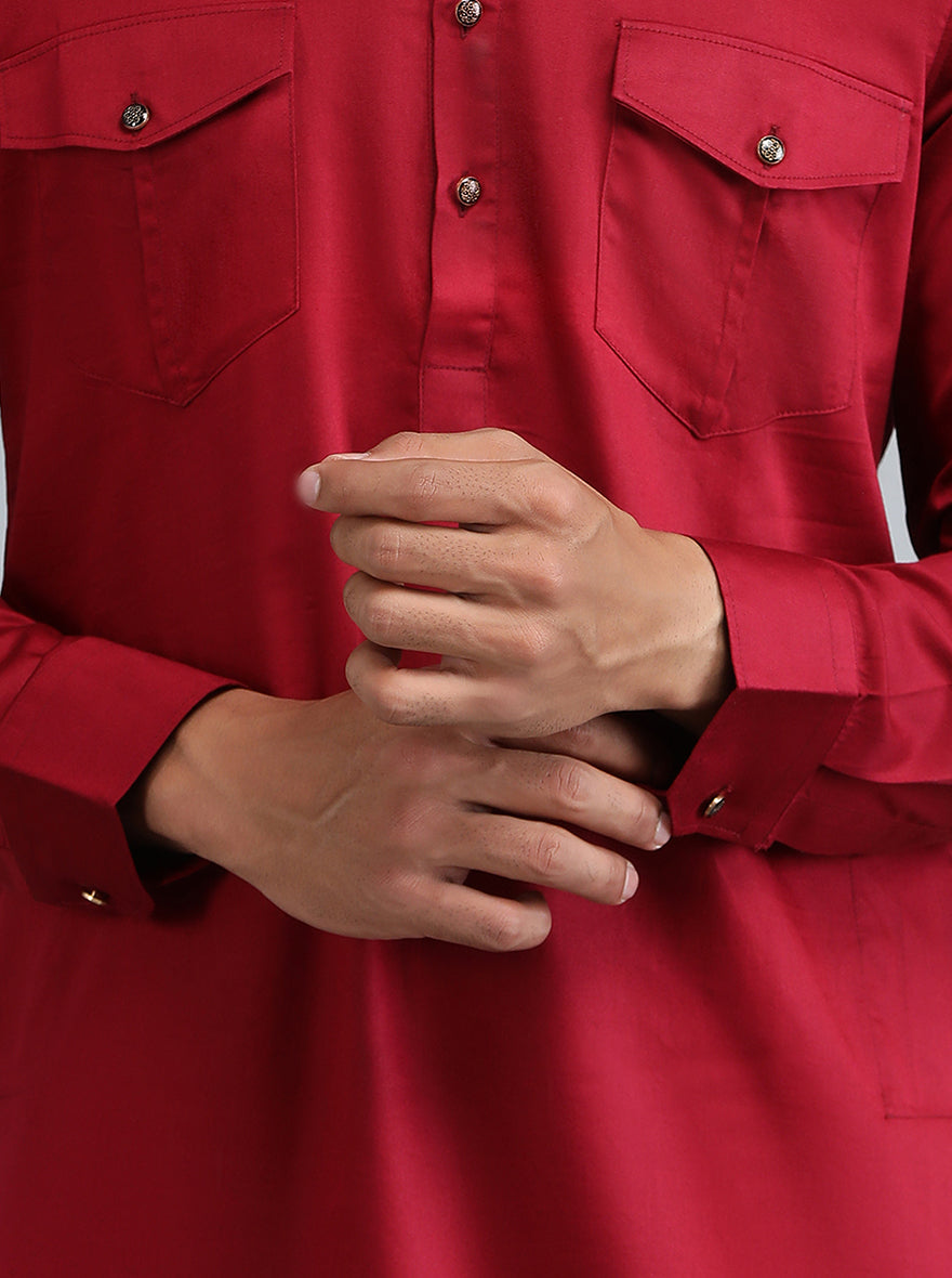 Blood Red Cotton Blend Pathani Suit (2-Piece) - Image 7