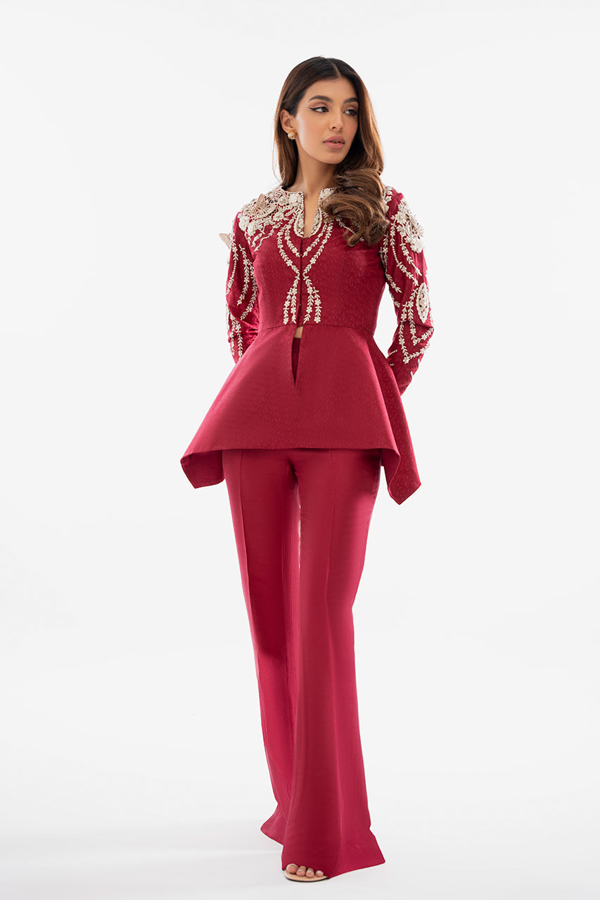 Cherry Red Zardozi Self Jamawar Peplum (2-Piece) - Image 1