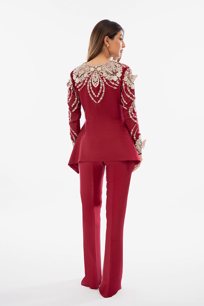 Cherry Red Zardozi Self Jamawar Peplum (2-Piece) - Image 2