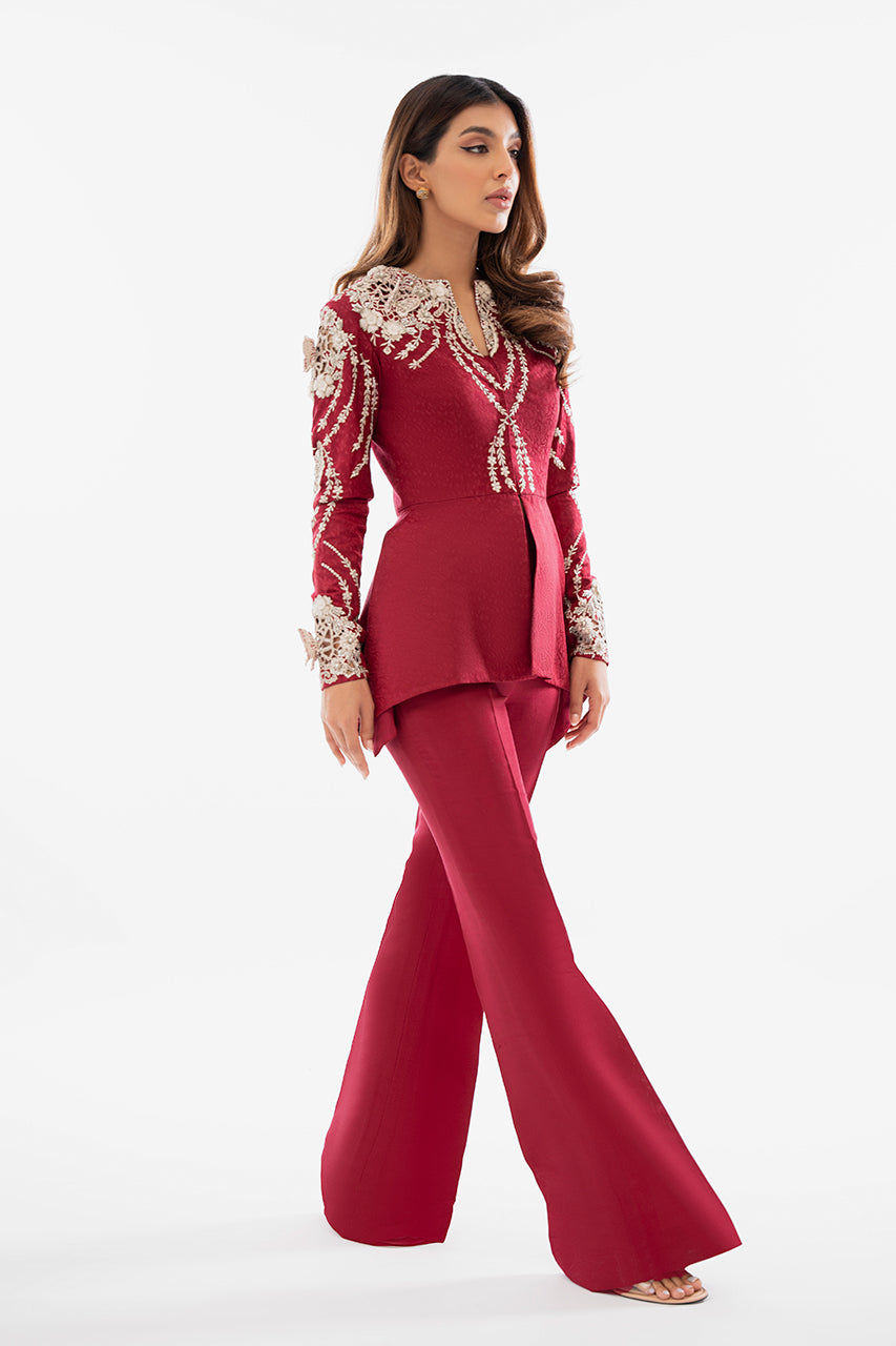 Cherry Red Zardozi Self Jamawar Peplum (2-Piece) - Image 3