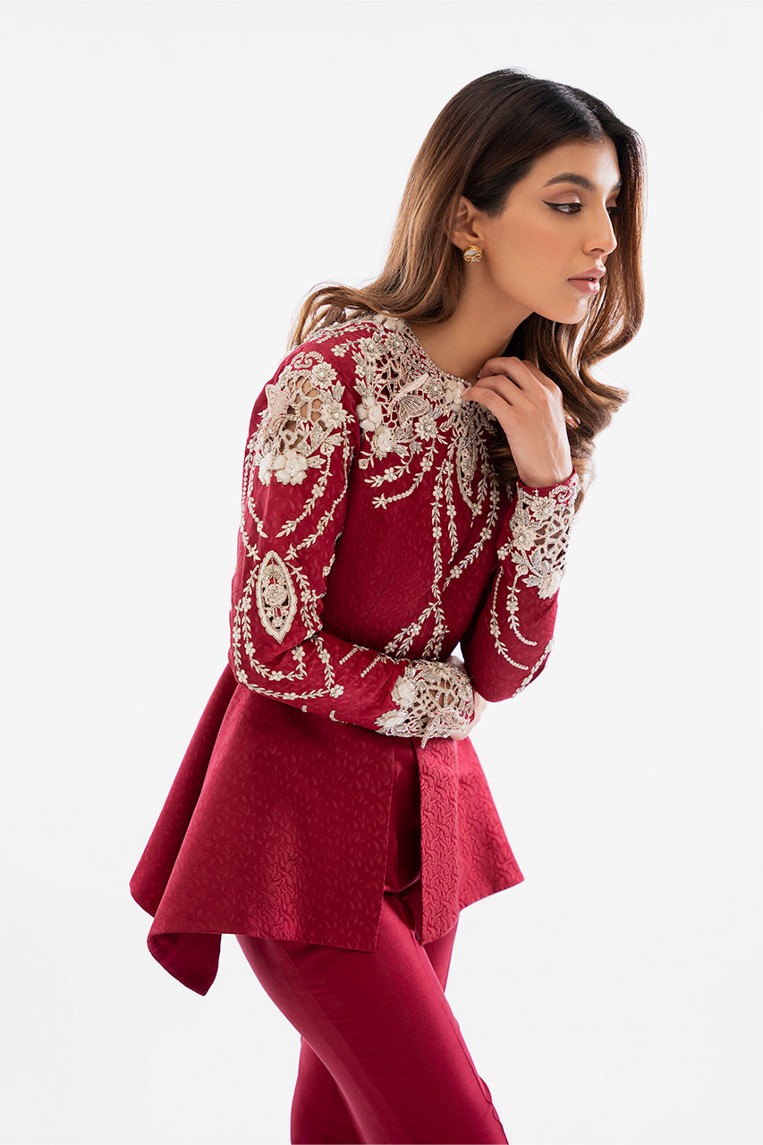 Cherry Red Zardozi Self Jamawar Peplum (2-Piece) - Image 4