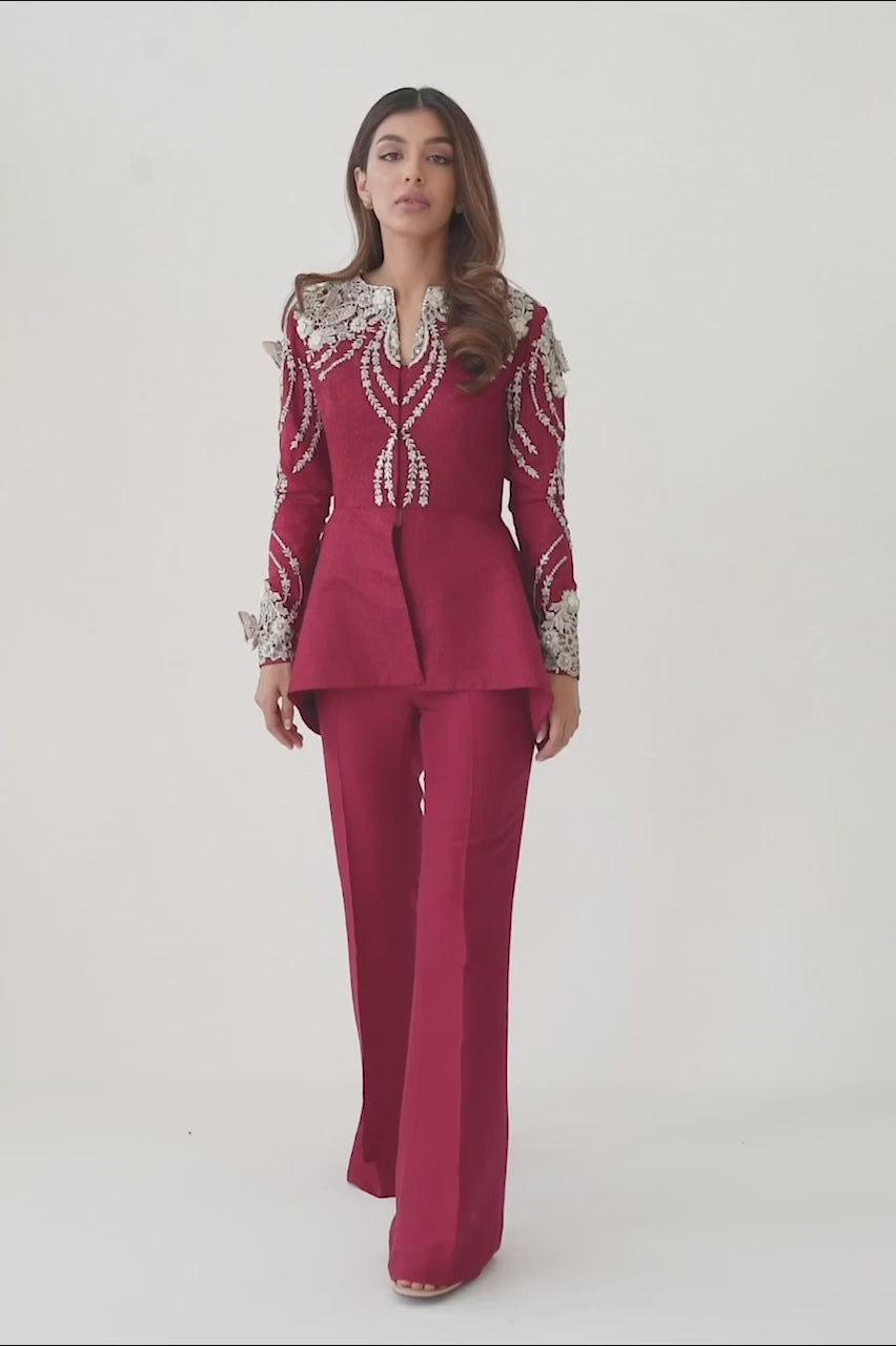 Cherry Red Zardozi Self Jamawar Peplum (2-Piece) - Image 6