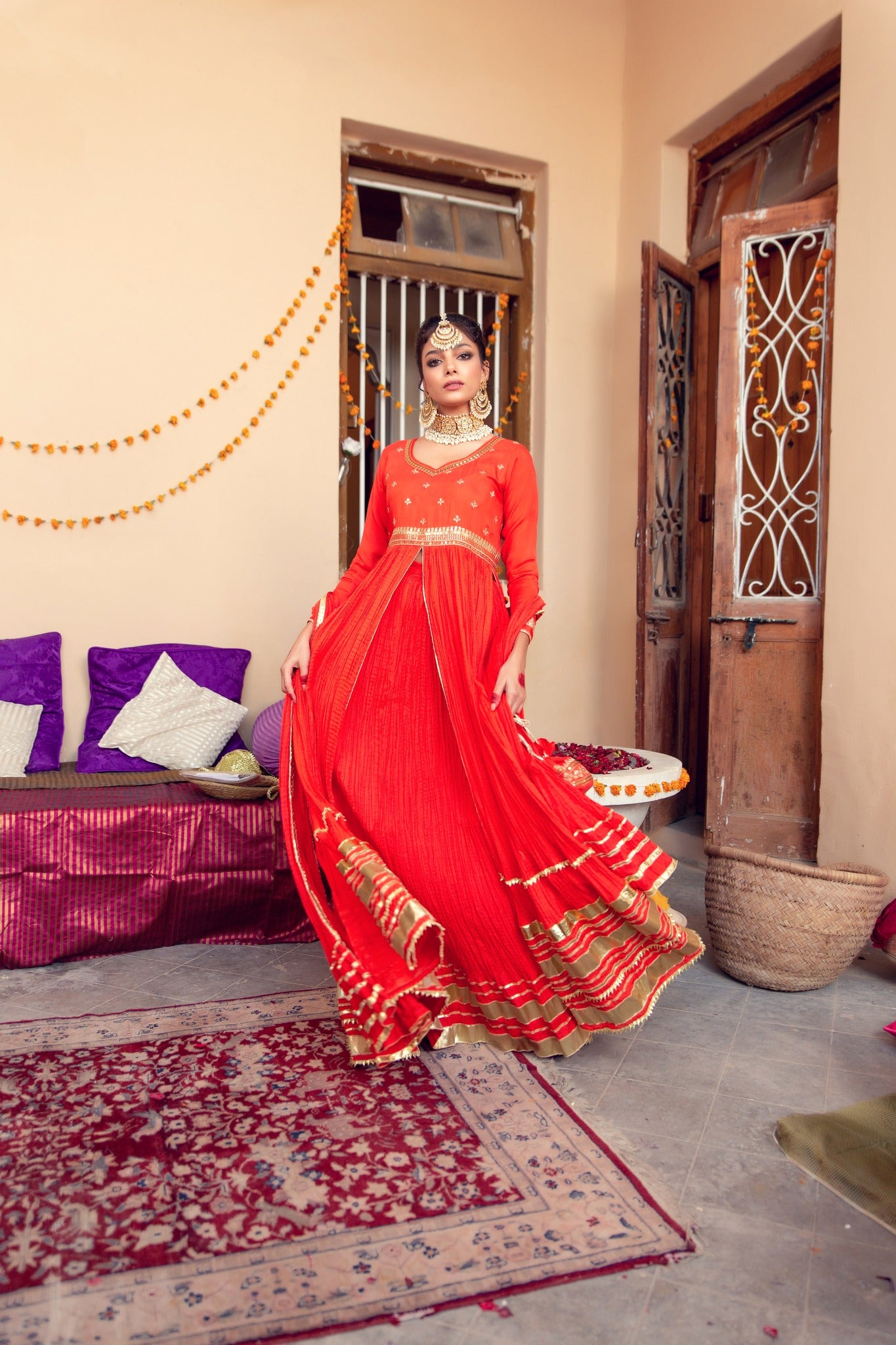 Pakistani Red Zari Gota Cotton Silk Pishwas (4-Piece) - Image 1