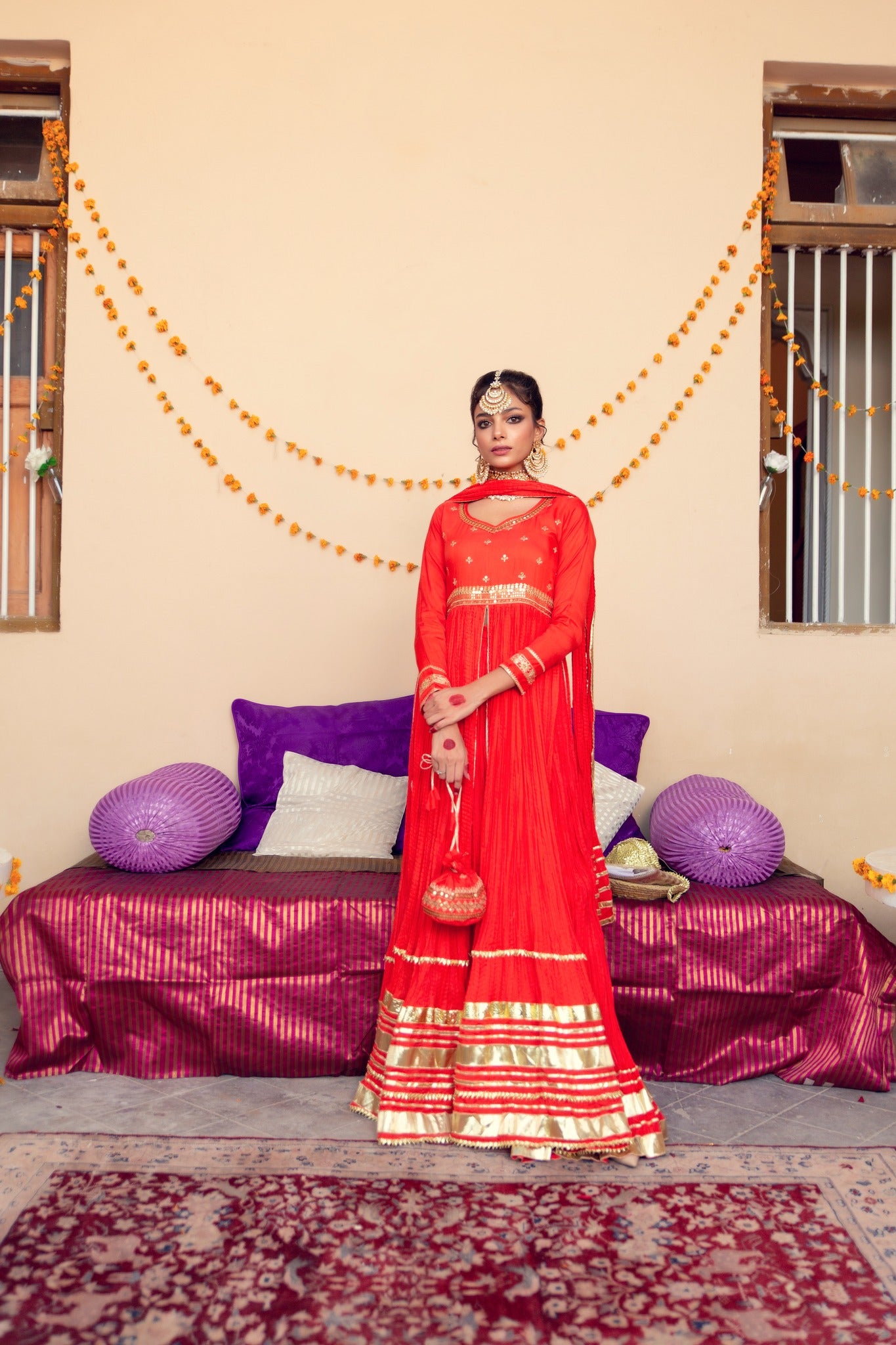 Pakistani Red Zari Gota Cotton Silk Pishwas (4-Piece) - Image 2