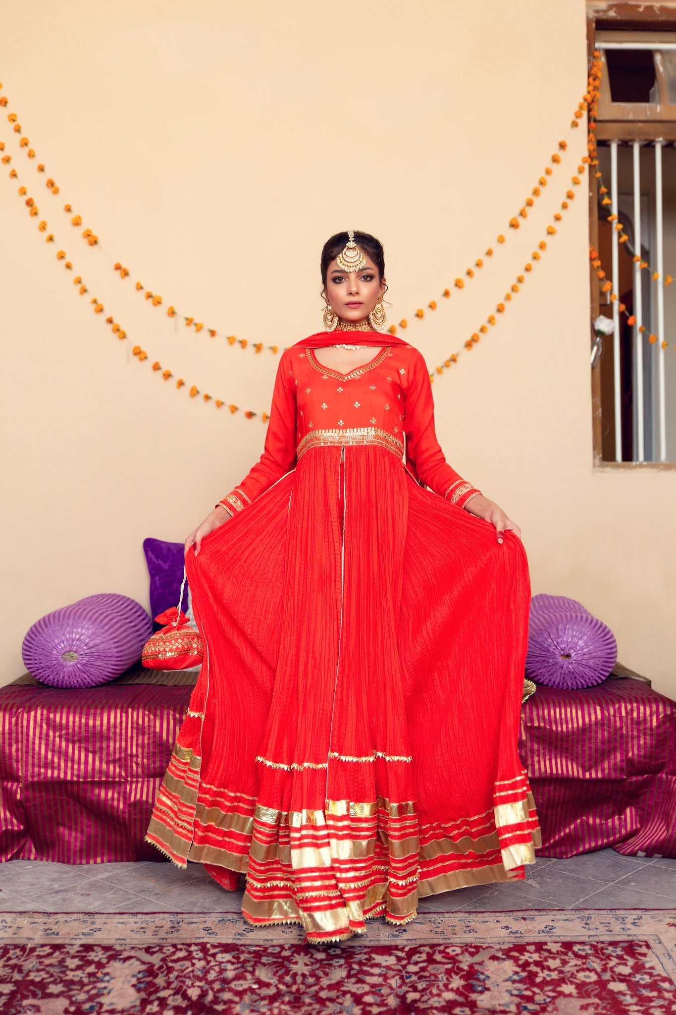 Pakistani Red Zari Gota Cotton Silk Pishwas (4-Piece) - Image 3