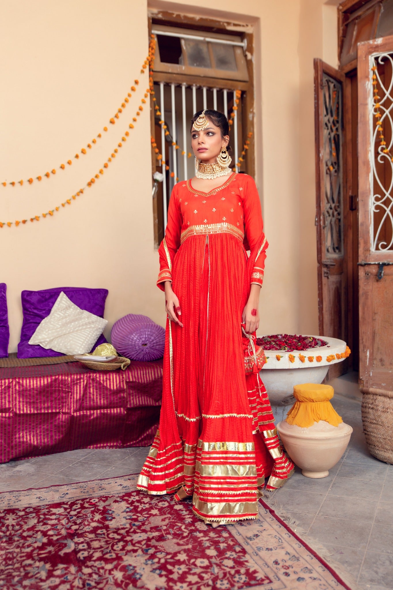 Pakistani Red Zari Gota Cotton Silk Pishwas (4-Piece) - Image 4