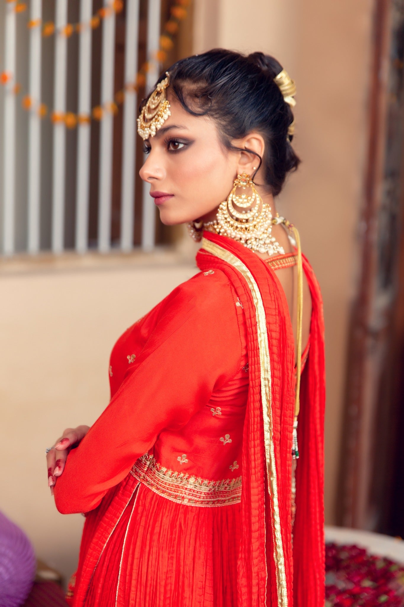 Pakistani Red Zari Gota Cotton Silk Pishwas (4-Piece) - Image 5