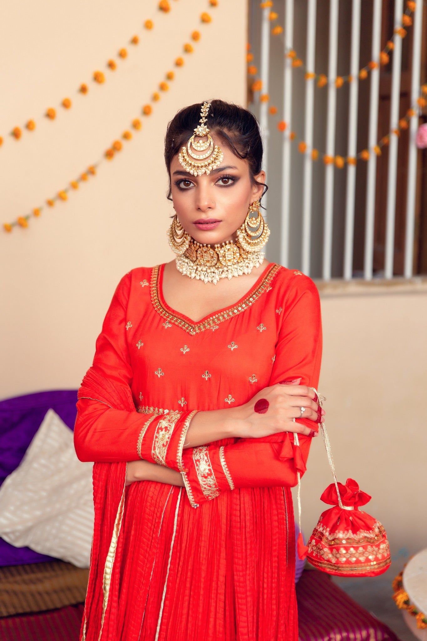 Pakistani Red Zari Gota Cotton Silk Pishwas (4-Piece) - Image 6