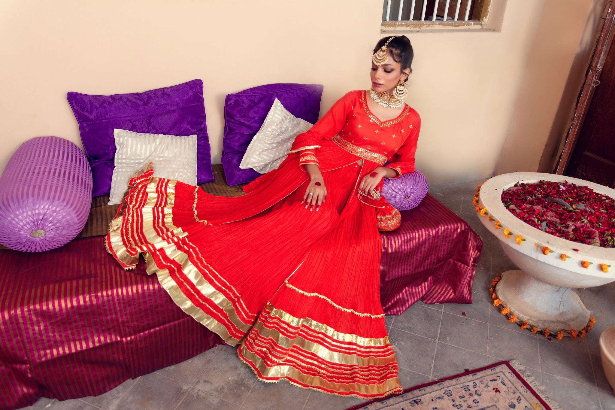 Pakistani Red Zari Gota Cotton Silk Pishwas (4-Piece) - Image 7