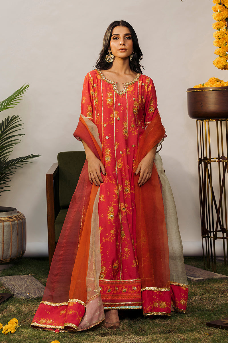 Pakistani Cherry Red Embroidered Khaddi Silk Pishwas (2-Piece) - Image 1