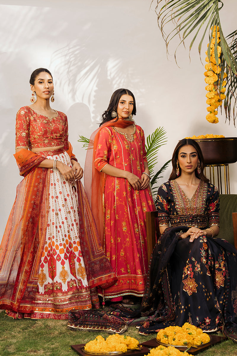 Pakistani Cherry Red Embroidered Khaddi Silk Pishwas (2-Piece) - Image 3