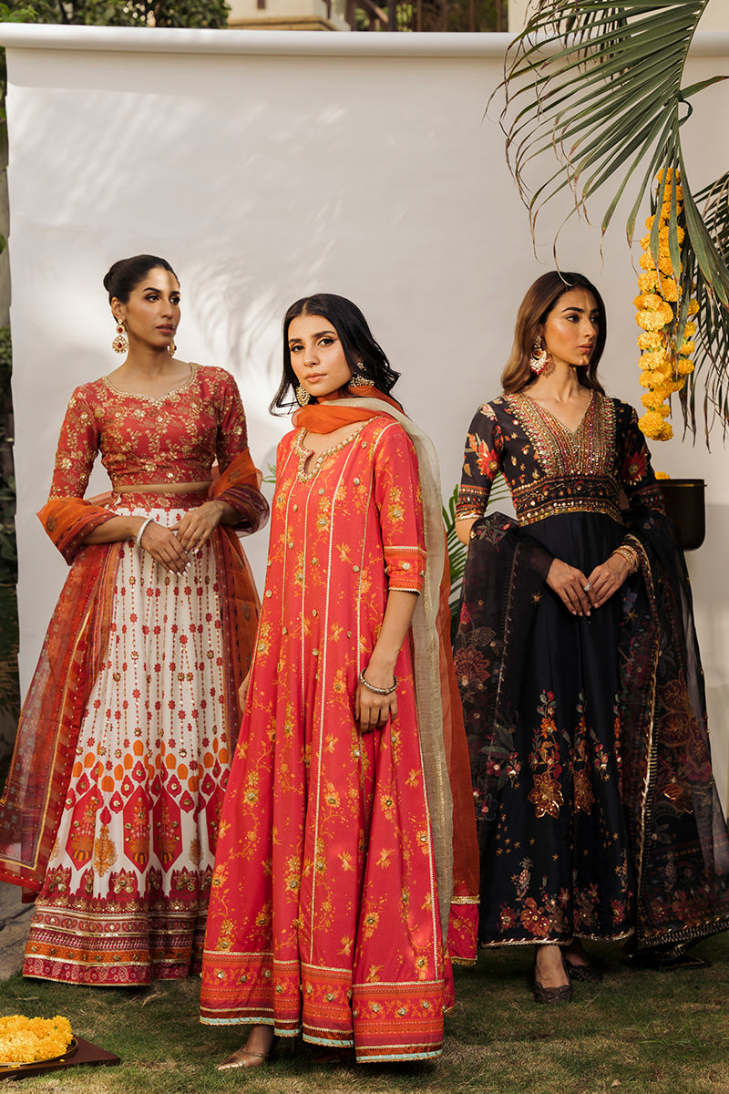 Pakistani Cherry Red Embroidered Khaddi Silk Pishwas (2-Piece) - Image 5