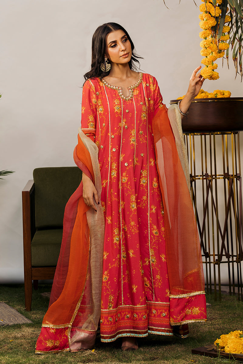 Pakistani Cherry Red Embroidered Khaddi Silk Pishwas (2-Piece) - Image 6